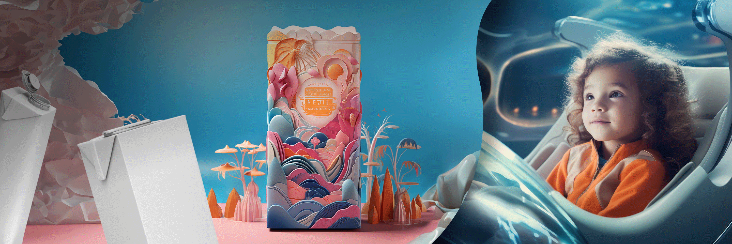 Brique alimentaire avec un design fantaisie, un enfant tenant un emballage en carton Tetra Top