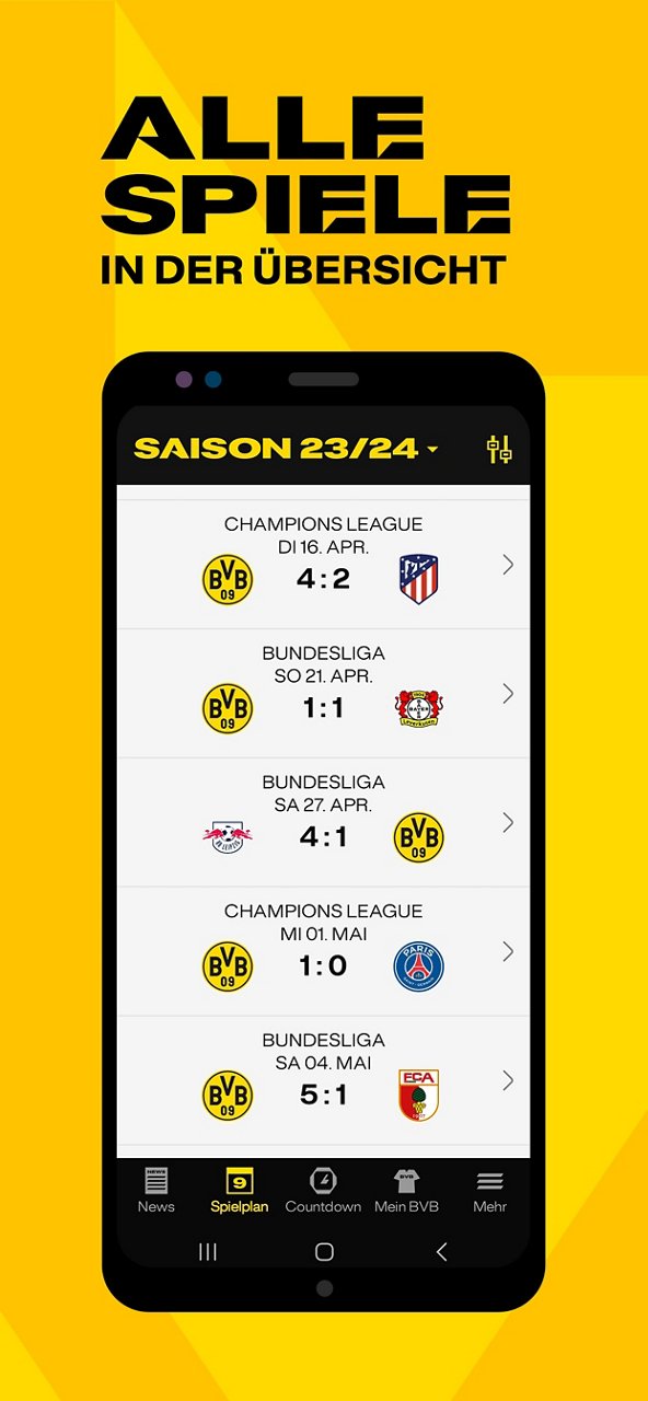 Screenshot Spielplan in der BVB-App