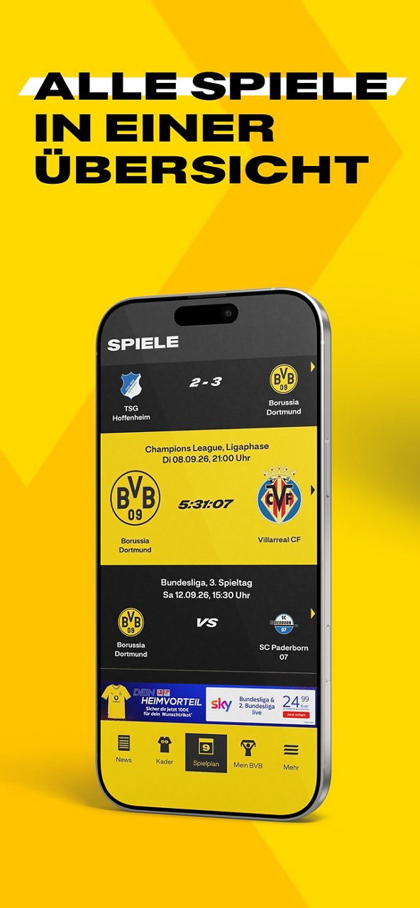 Screenshot Spielplan in der BVB-App.