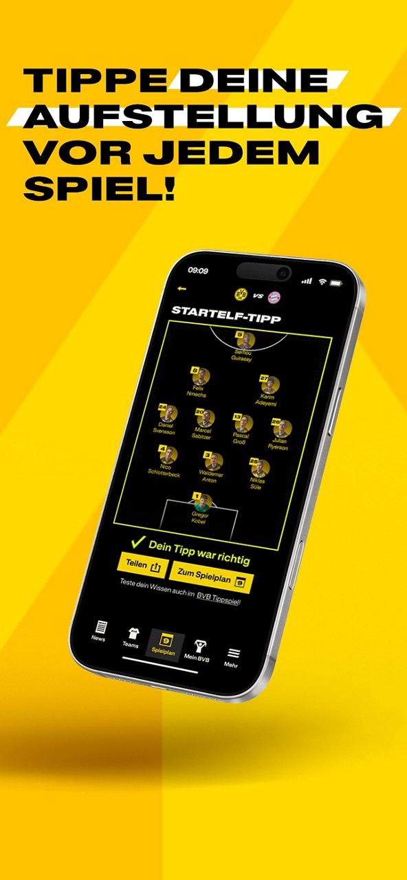Screenshot Startelftipp in der BVB-App.