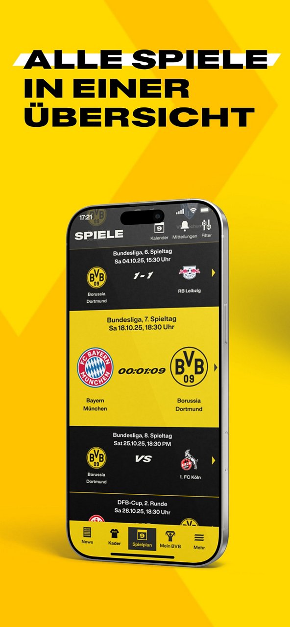 Screenshot Spielplan in der BVB-App.