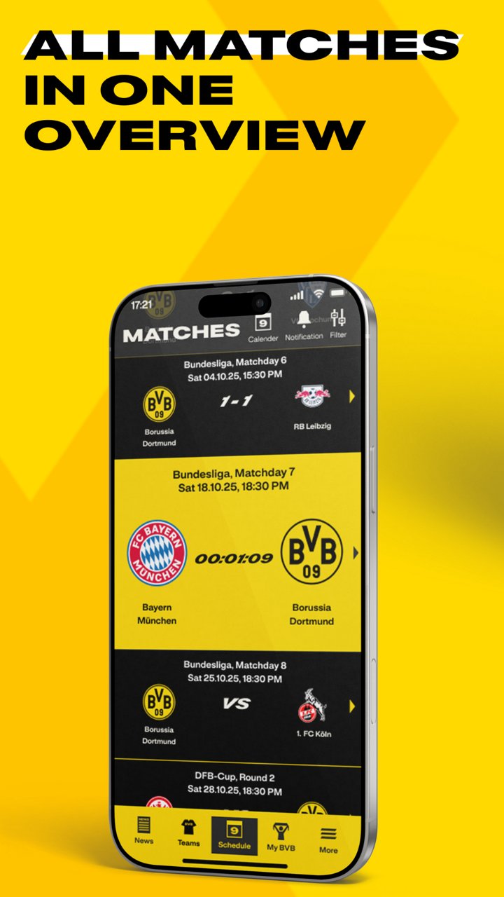 Screenshot of the fixture list in the BVB app.