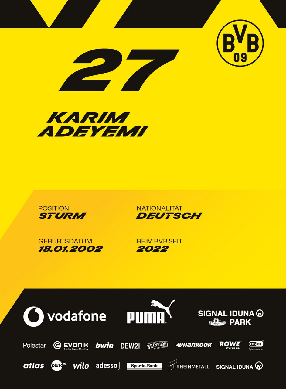 Rückseite der Autogrammkarte von Karim Adeyemi.