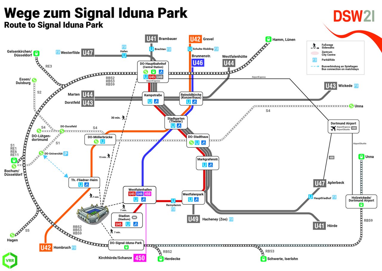 Karte der Haltestellen Rund um den Signal Iduna Park.