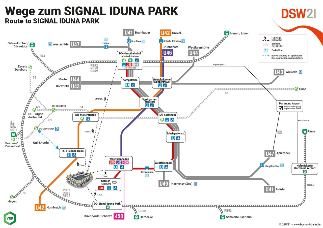 Karte der Haltestellen Rund um den Signal Iduna Park.