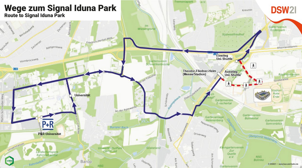 Anreise SIGNAL IDUNA PARK: Ein- und Ausstiegspunkte des Uni-Shuttles.
