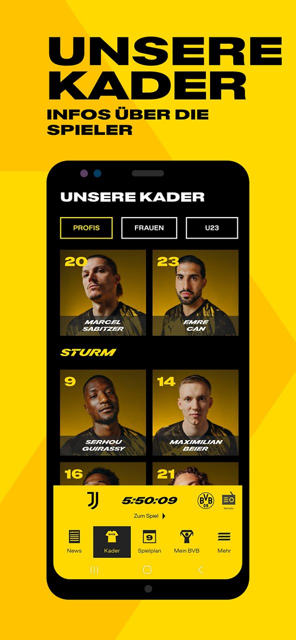 Screenshot Kader in der BVB-App.