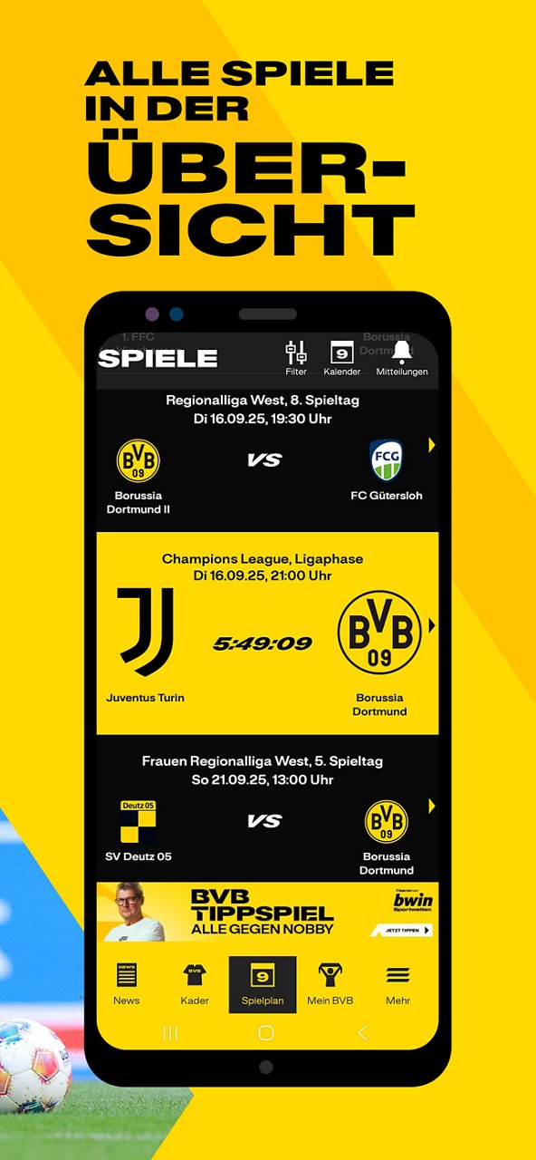 Screenshot Spielplan in der BVB-App.