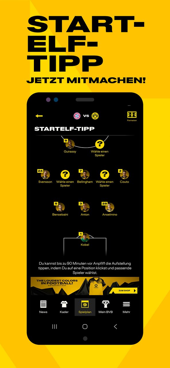 Screenshot Startelftipp in der BVB-App.