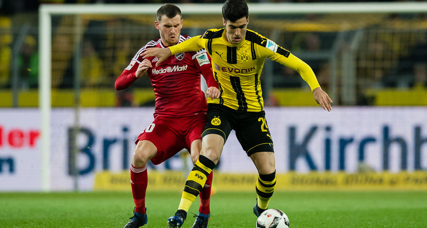 DORTMUND, GERMANY - MARCH 17:  Mikel Merino of Borussia Dortmund challenges Pascal Gross of FC Ingolstadt 04 during the Bundesliga match between Borussia Dortmund and FC Ingolstadt 04 at Signal Iduna Park on March 17, 2017 in Dortmund, Germany.  (Photo by Alexandre Simoes/Borussia Dortmund/Getty Images)Pierre-Emerick Aubameyang