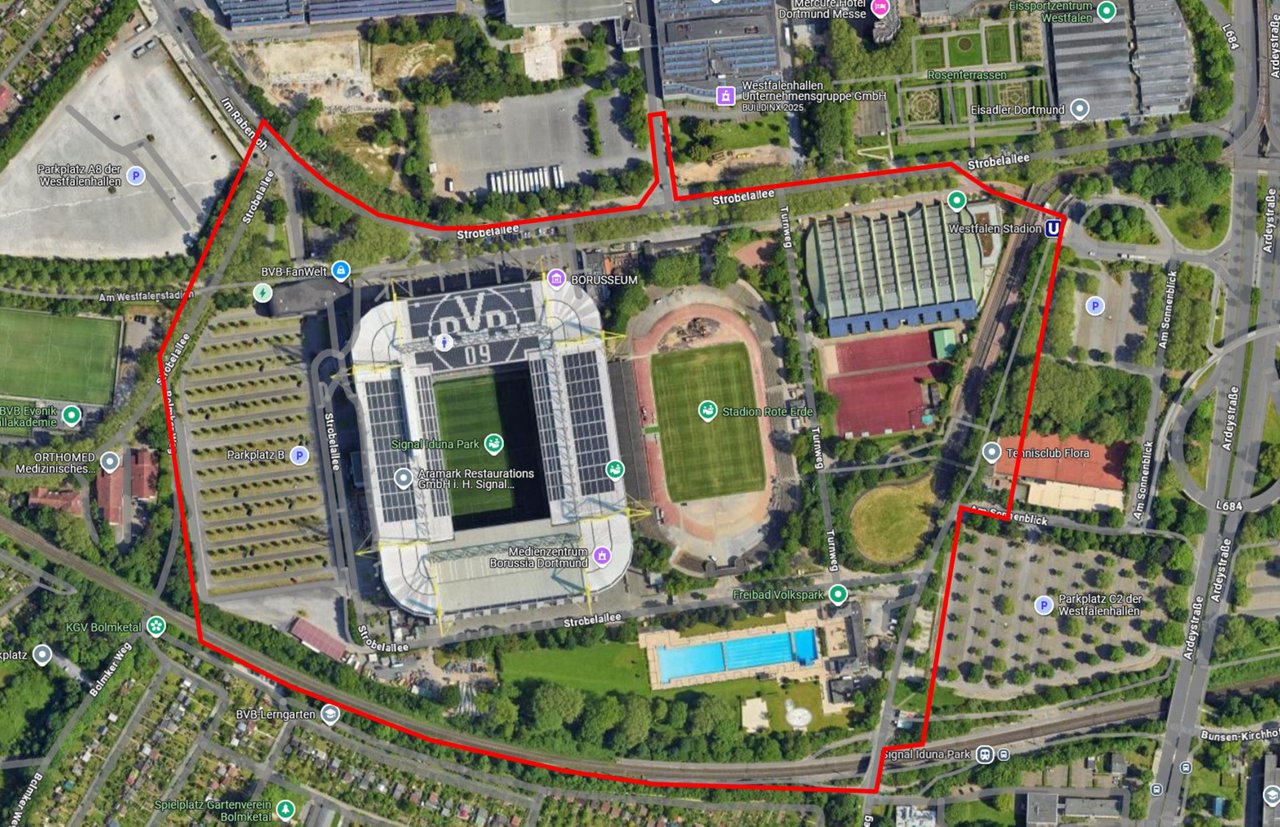Satellitenbild des SIGNAL IDUNA PARK und Umgebung, das die Zone des Glasflaschenverbots aufzeigt.