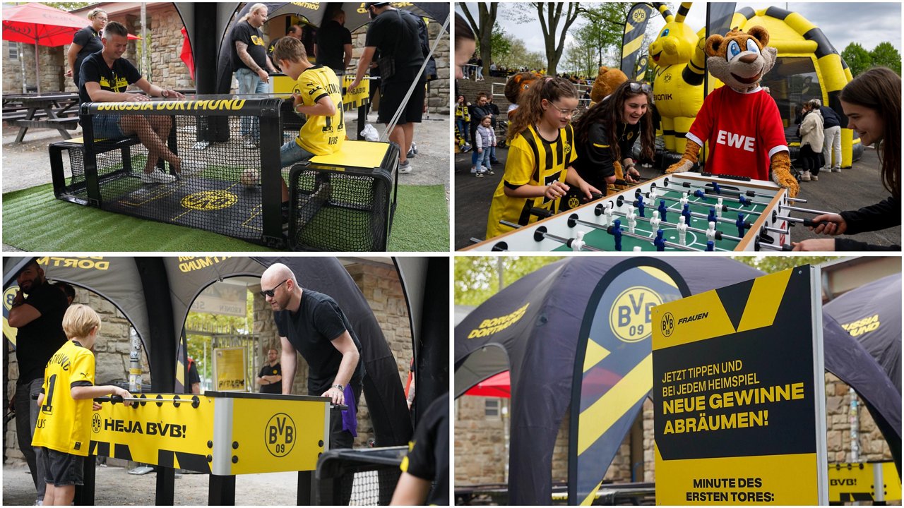 Vir Vilder von Heimspielen der BVB-FRauen: 1. Spiel bei dem sich zwei Kinder gegenübersitzen 2. Kicker an dem Frauen spielen und das Rewe-Maskottchen, welches zuschaut, Kicker an dem ein kleiner Junge mit seinem Vater spielt, 4. Werbung für ein Gewinnspiel an einem Heimspieltag 