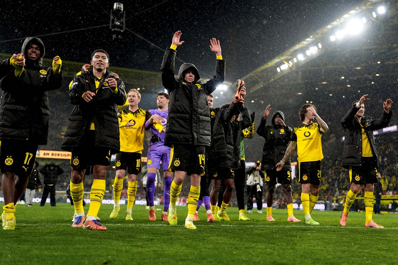 Die BVB-Profis von vorne, sie stehen nebeneinander und reißen die Arme hoch.