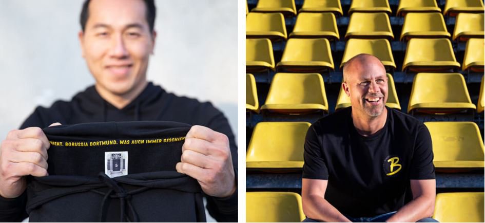 Links: Mann hält Kleidungsstück mit der Aufschrift: "Borussia Dortmund, Was auch immer geschieht" hoch. Rechts: mann sitzt auf der Tribüne mit einem schwarzen T-shirt der Mitgliederkollektion