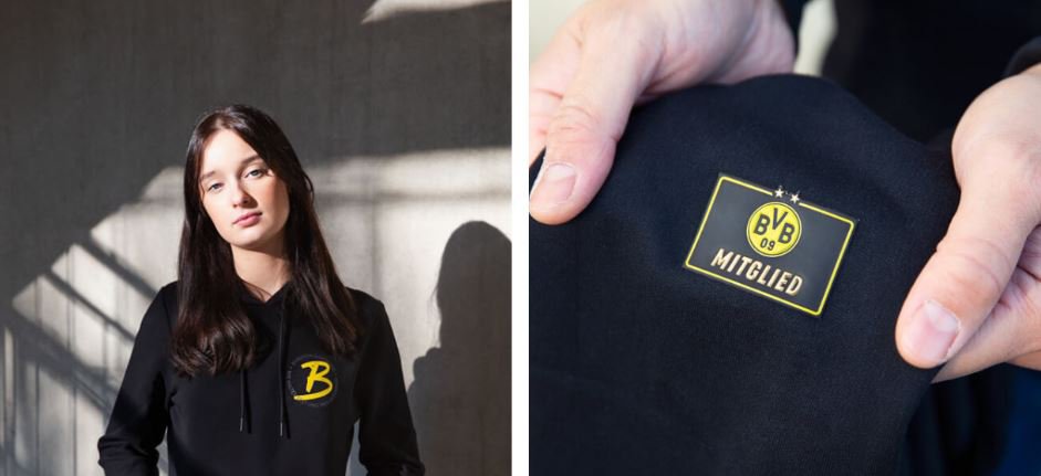 Links: Frau mit einem Hoodie der Mitgliederkollektion. Rechts: Das Logo der Mitgliederkollektion wird hochgehalten