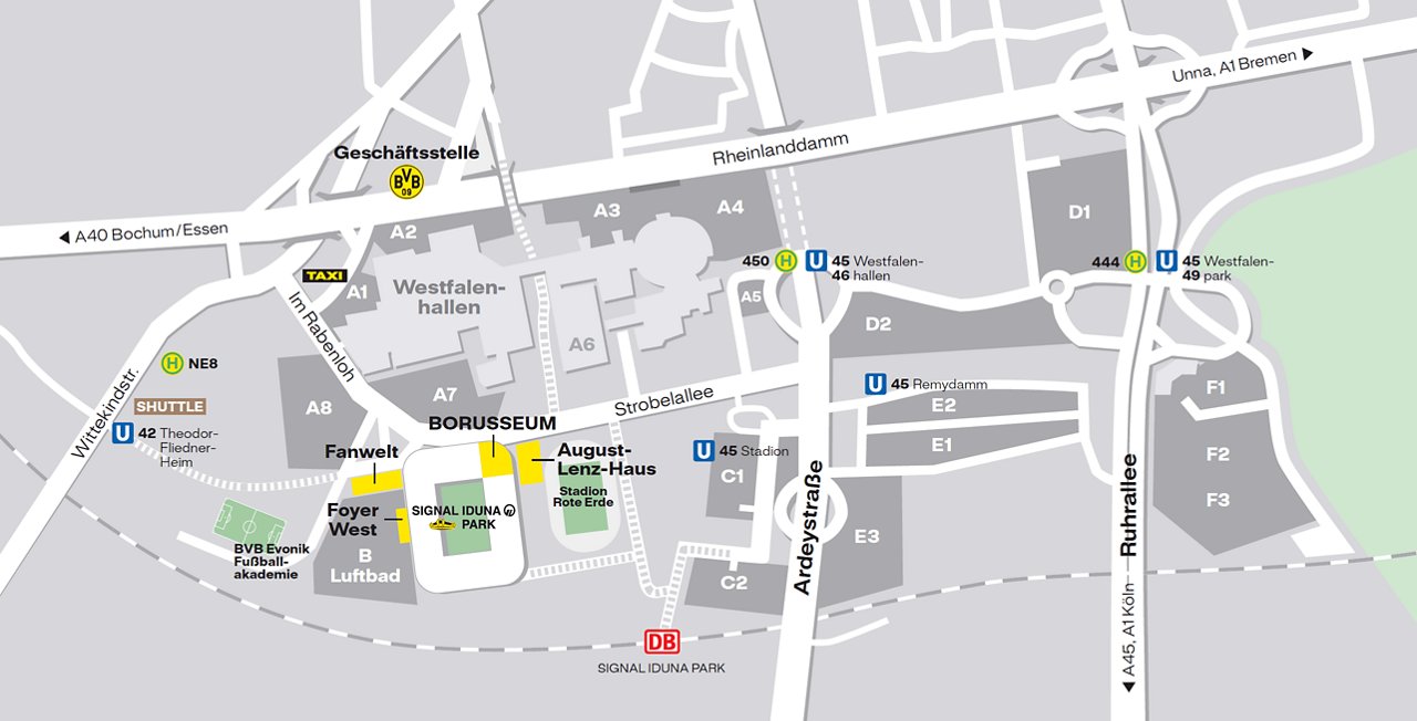 Umgebungsplan mit Parkplätzen und Haltestellen rund um das Stadion Rote Erde.