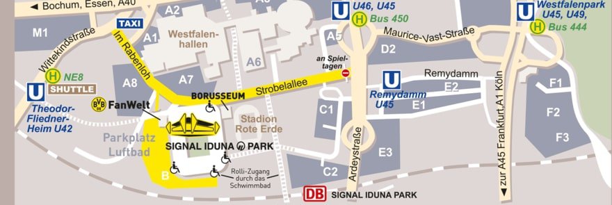 Map of bus and train stops and parking areas around SIGNAL IDUNA PARK.