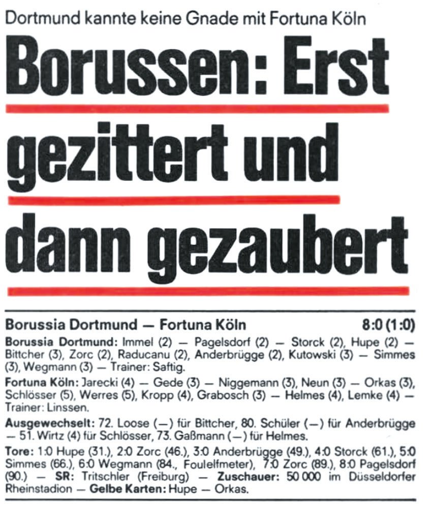 Zeitungsausschnitt mit den wichtigsten Daten zum Spiel.
