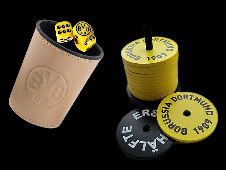 Schocken Equipment: Becher mit 3 Würfeln, Schock-Besteck mit 13 Deckeln.