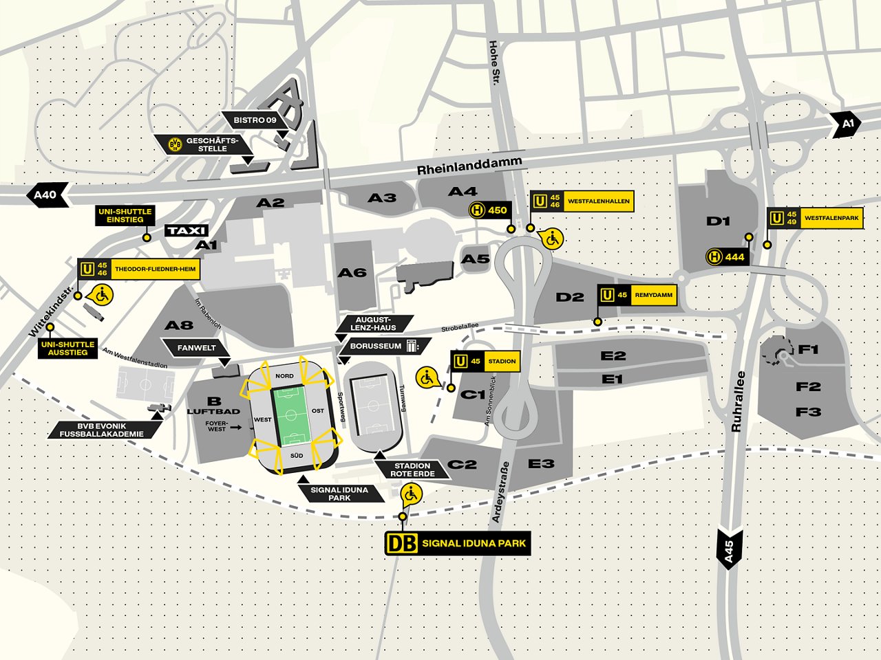Karte aller Haltestellen rund um den SIGNAL IDUNA PARK und den erweiterten Umkreis.