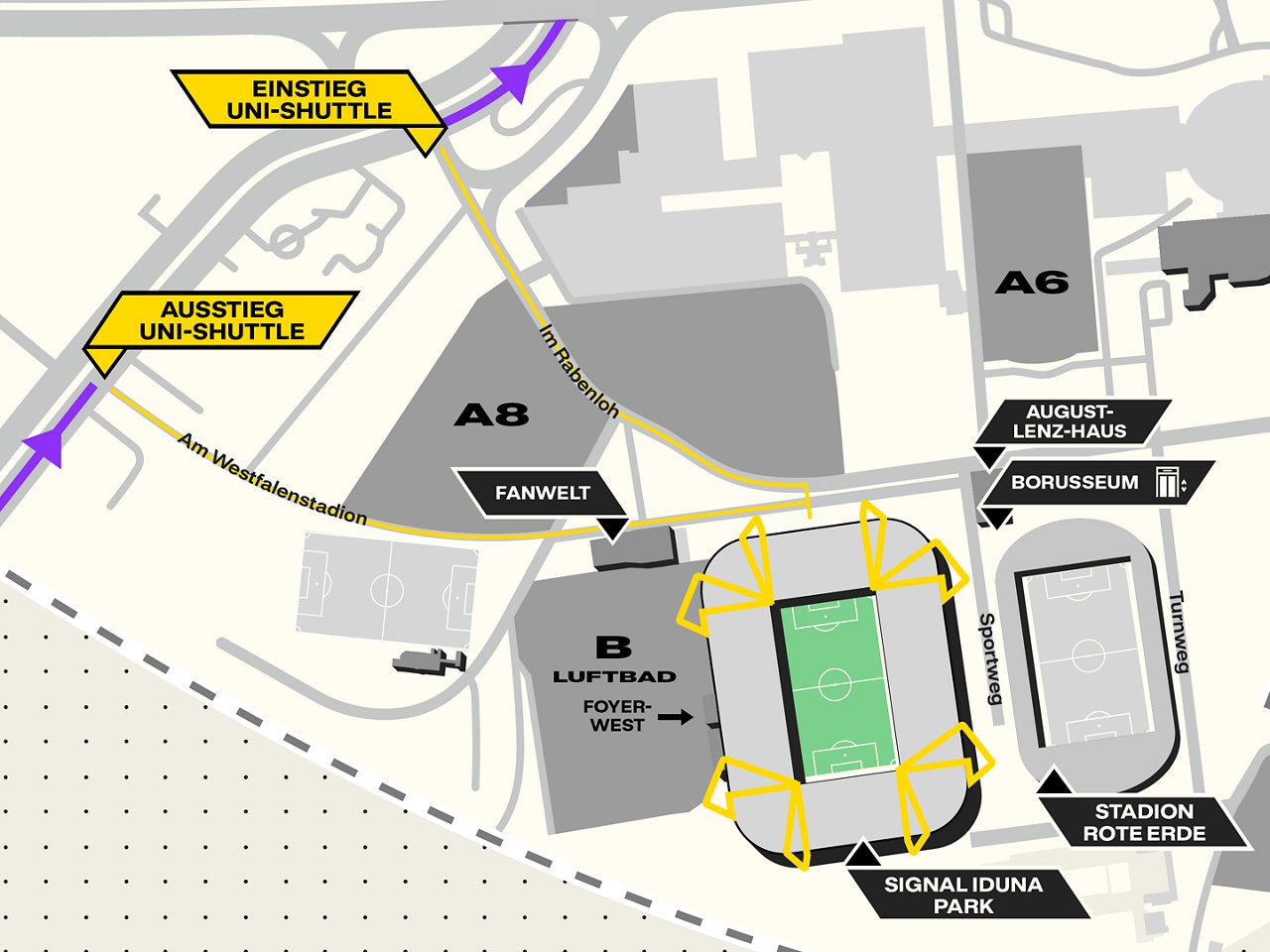 Karte der Fußwege von den Uni-Shuttle Haltestellen zum SIGNAL IDUNA PARK.
