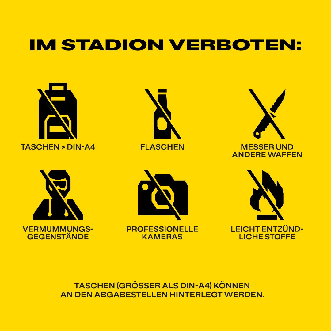 Im Stadion verboten: Taschen größer als DIN-A4, Flaschen, Messer und Waffen, Vermummungsgegenstände, Professionelle Kameras, Leicht entzündliche Stoffe. Taschen größer als DIN-A4 können an den Abgabestellen hinterlegt werden.