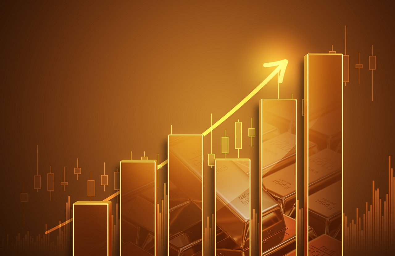 Growth gold bar financial investment stock diagram on 3d profit graph background of global economy trade price business market concept or capital marketing golden banking chart exchange invest value.