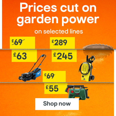 Prices cut on garden power. On selected lines. Includes Mac Allister 1200W 32cm Corded Push Lawnmower was £69 now £63, Kärcher K5 Classic Car & Home Pressure washer was£289 now £245 and Bosch Aquatak Pressure washer was £69 now £55. Shop now