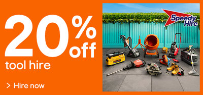 20% off tool hire. Image of diffferent power tools available for hire from the company brand Speedy Hire. Hire now.
