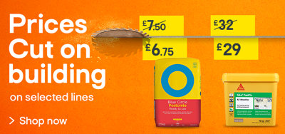 Prices cut on building on selected lines. Blue Circle postcrete was £7.50, now £6.75, Sika jointing compound was £32 now £29, Tarmac sand was £7.90 now £6.70. Shop Now.