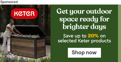 Sponsored Gallery Banner for Keter. Get your outdoor space ready for brighter days. Save on selected Keter products. Shop now button.