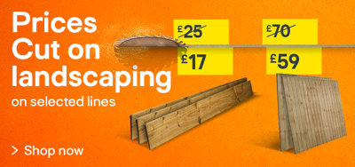 Prices cut on landscaping on selected lines. Grevel board was £25 now £17, Fence panel was £70 now £59, fence post was £30 now £20. Shop now.