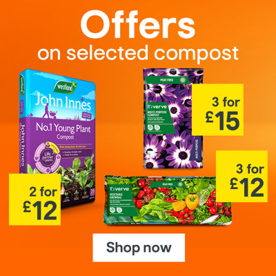 Offers on selected compost. 2 for £12 on John innes young plant compost, 3 for £15 on verve multi compost, 3 for £12 on Verve vegetable growbag. Shop now