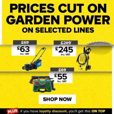 Prices cut on garden power. Selected lines. Includes Mac Allister 1200W 32cm Corded Push Lawnmower was £69, now £63 including VAT. Kärcher K5 Classic Car & Home Corded Pressure washer was £289, now £245 including VAT and Bosch Aquatak Pressure washer was £69, now £55 including VAT. Shop now.