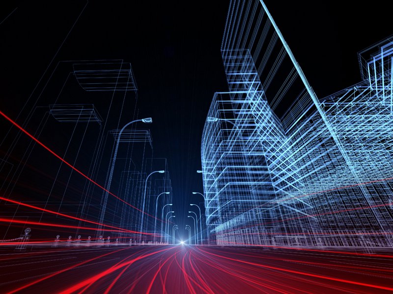 Digitale Stadt mit roten Lichtspuren auf virtueller Straße