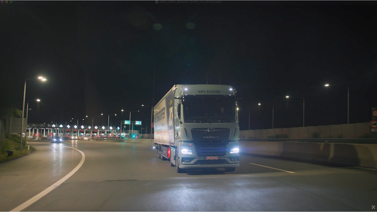 MAN eTGX at night on the motorway.