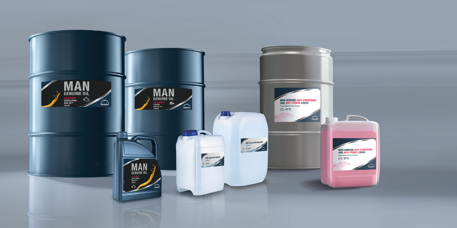 The MAN Genuine anti-freeze and anti-corrosion agent in front of a fleet of MAN models.