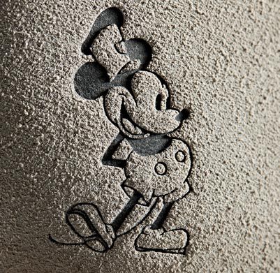 Close-up of Mickey Mouse, embossed on the boot 