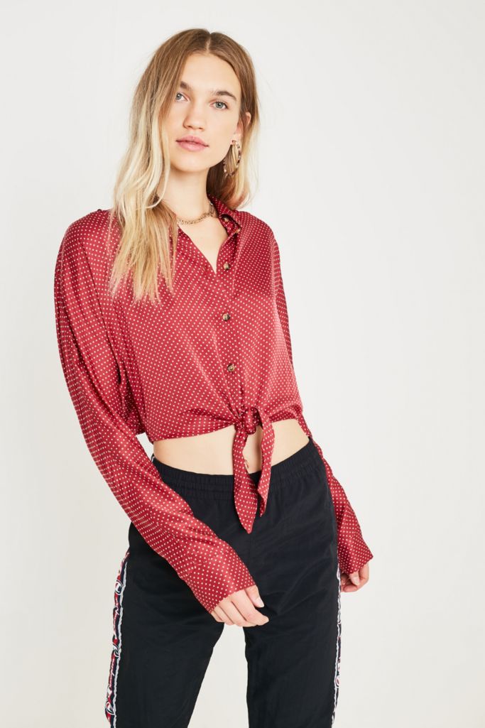 UO Jenna Red Satin Tie-Front Long-Sleeve Shirt | Urban Outfitters UK