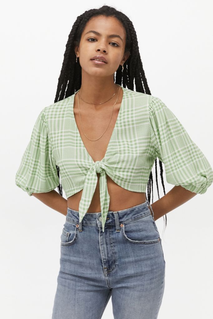 UO Tilly Gingham Tie-Front Blouse | Urban Outfitters UK
