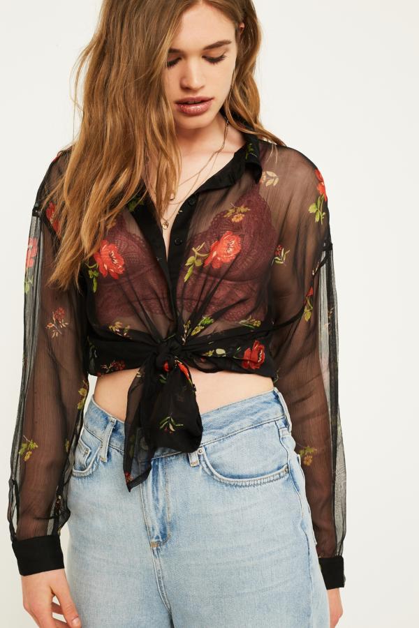 UO Sheer Floral Button-Through Shirt | Urban Outfitters UK