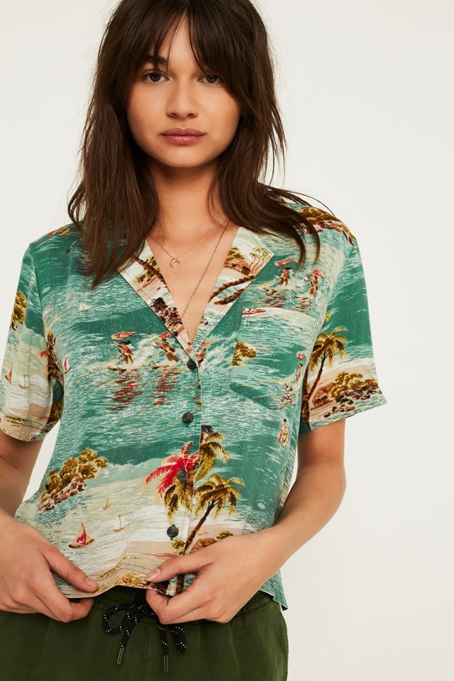 UO Shrunken Green Hawaiian Shirt Urban Outfitters UK