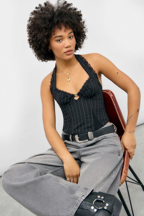 Slide View: 2: Silence + Noise Moss Pinstripe Halterneck Corset Top