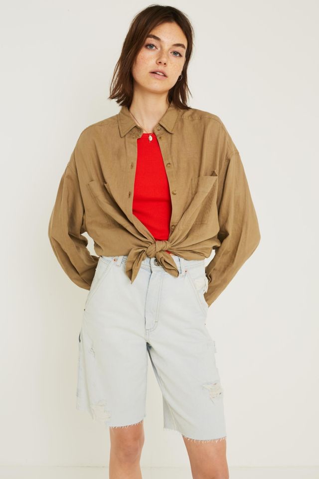 UO Oversized Linen Khaki Shirt | Urban Outfitters UK