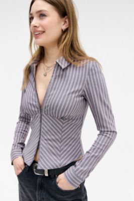 Silence + Noise Striped Hailey Zip Through Shirt