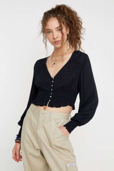 UO Delfina Smocked Long-Sleeve Blouse | Urban Outfitters UK
