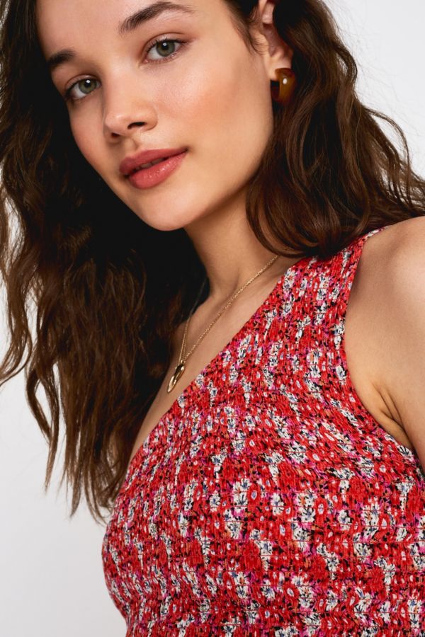 UO Manuela Red Floral Asymmetric Smocked Top | Urban Outfitters UK