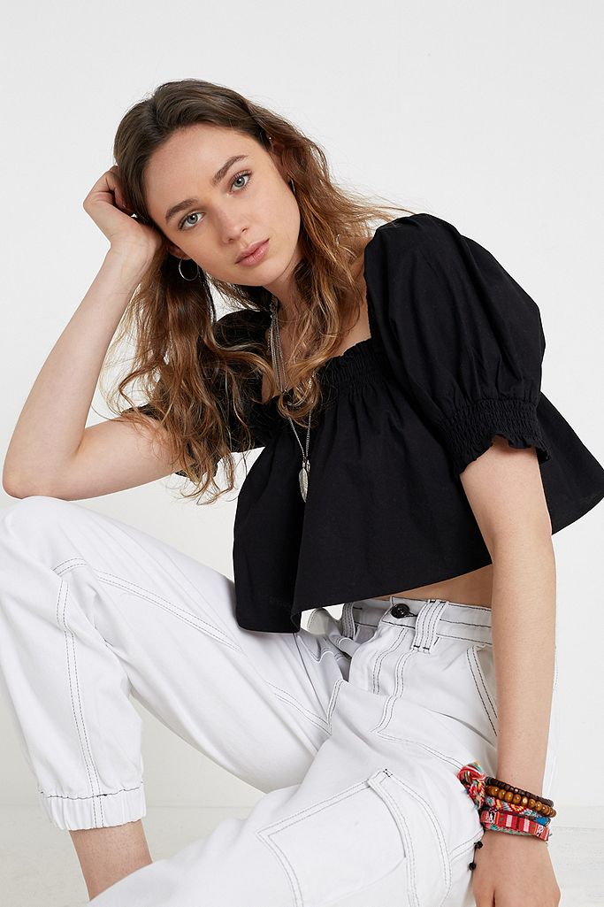 UO Lola Poplin Puff Sleeve Cropped Blouse | Urban Outfitters UK