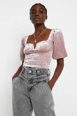 UO Velvet Puff Sleeve Bustier Blouse | Urban Outfitters UK