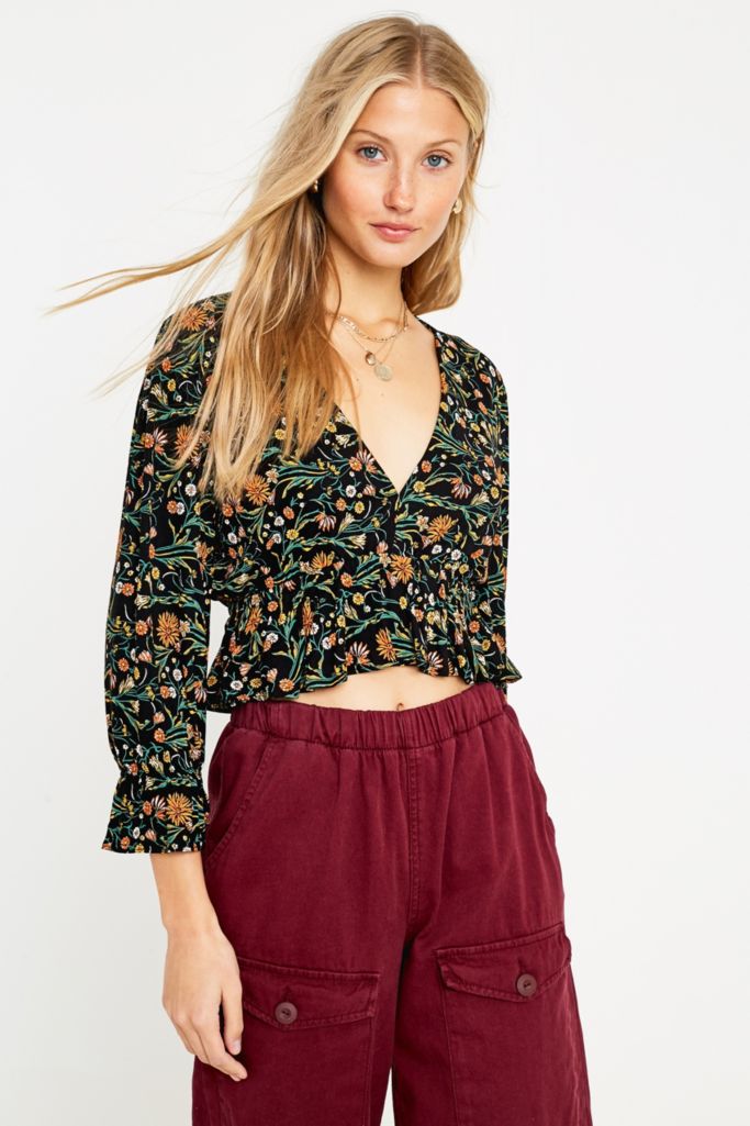 UO Green FLoral Blouson Top | Urban Outfitters UK